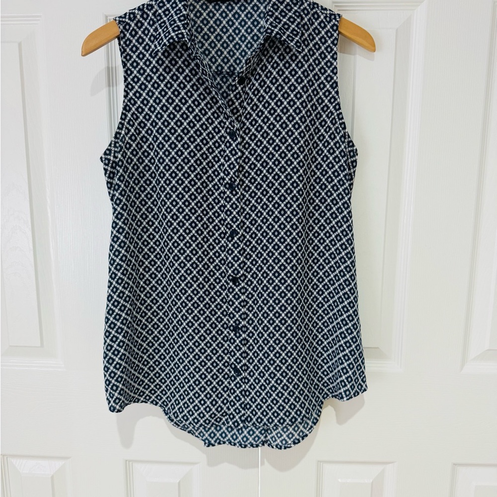 Med Navy Blue Sleeveless Patterned Women's Top Tunic Shirt Button Down
